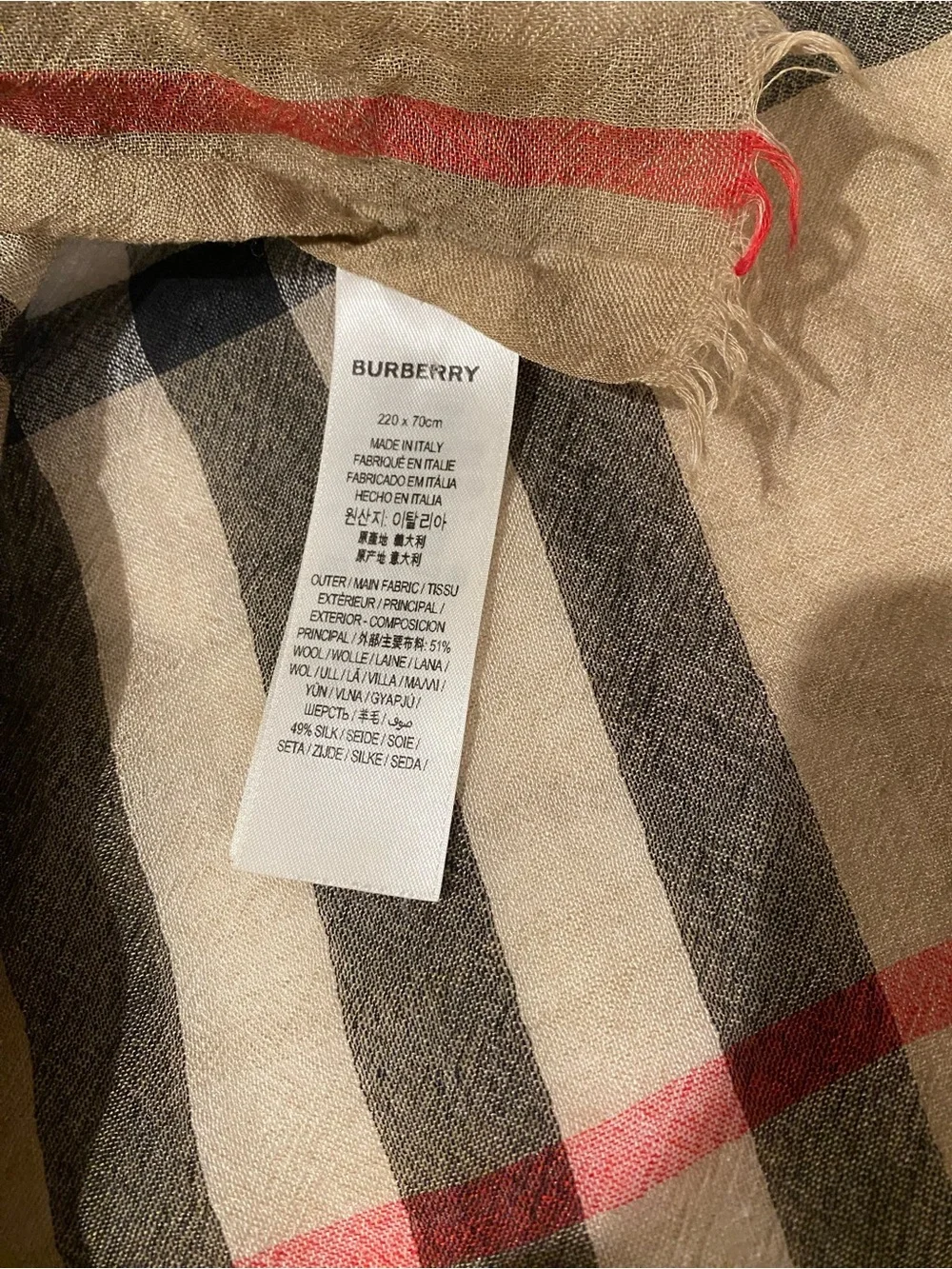 Burberry Neutral Plaid Silk-Wool Scarf with Red Accent